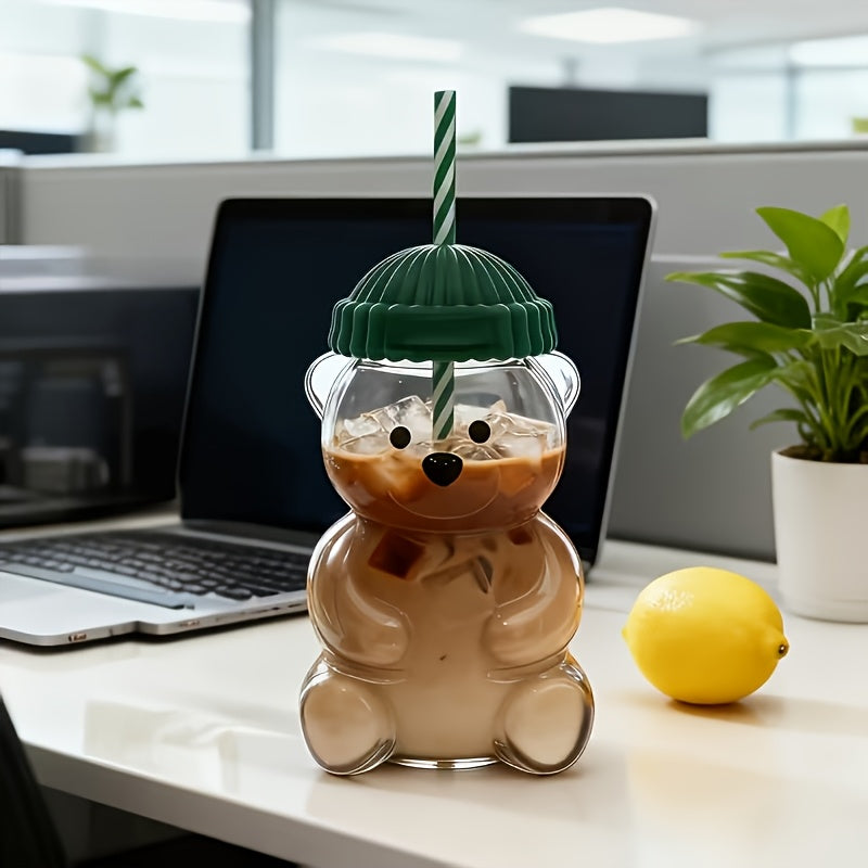 Bear-Shaped Straw Cup with Lid & Straw - Leakproof Double-Wall Plastic Bear Mug, Cute & Drinkware for Hot/Cold Beverages (11.8oz/16.9oz) - Bear Cup Suitable for Beer, Wine, Juice, Milkshakes - Christmas Gift Idea