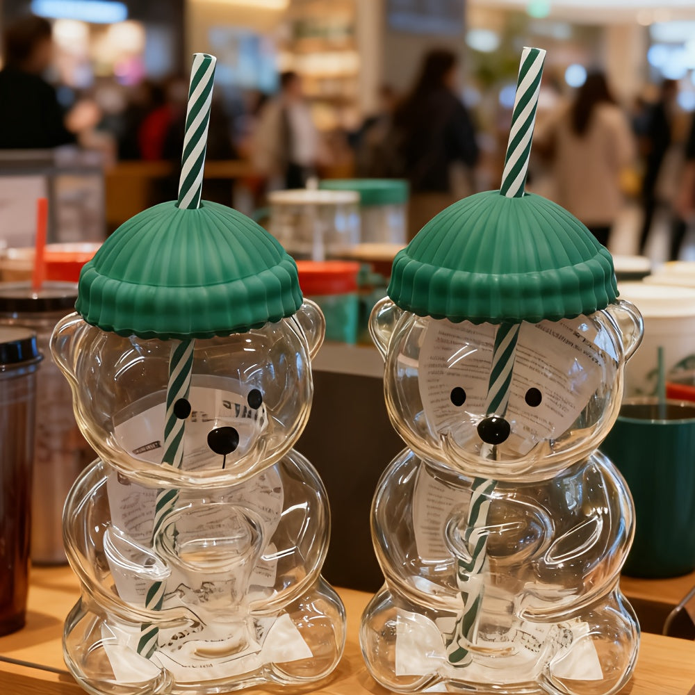 Transparent Bear-shaped Plastic Straw Cup with Lid, Green Lid Featuring Cute Animal Design. Suitable for Coffee, Juice, and as a Perfect Gift Choice - the Best Little Present