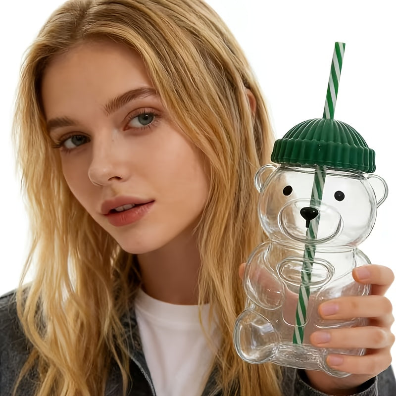 Bear-Shaped Straw Cup with Lid & Straw - Leakproof Double-Wall Plastic Bear Mug, Cute & Drinkware for Hot/Cold Beverages (11.8oz/16.9oz) - Bear Cup Suitable for Beer, Wine, Juice, Milkshakes - Christmas Gift Idea