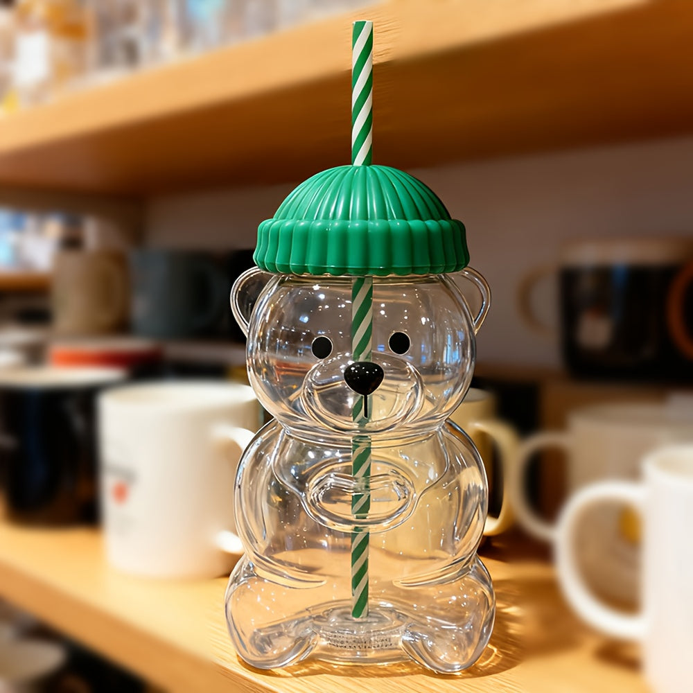 Transparent Bear-shaped Plastic Straw Cup with Lid, Green Lid Featuring Cute Animal Design. Suitable for Coffee, Juice, and as a Perfect Gift Choice - the Best Little Present