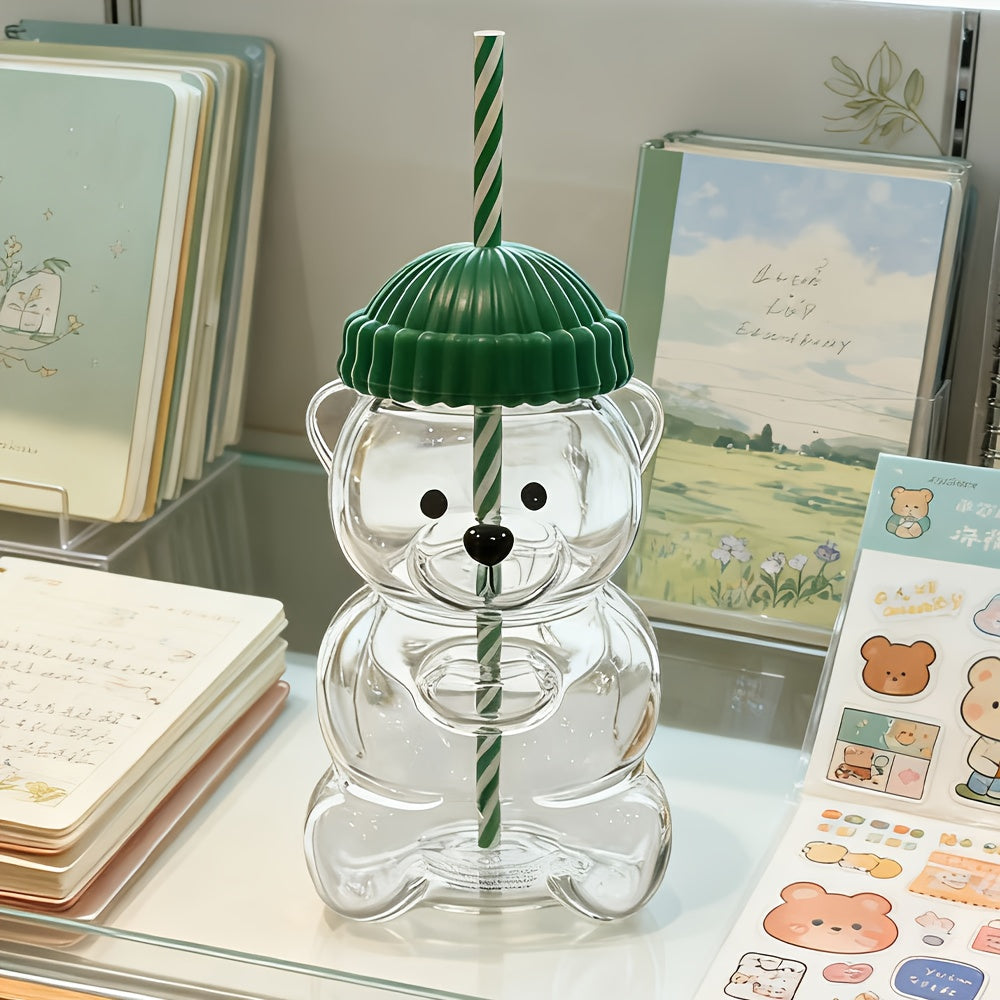 Transparent Bear-shaped Plastic Straw Cup with Lid, Green Lid Featuring Cute Animal Design. Suitable for Coffee, Juice, and as a Perfect Gift Choice - the Best Little Present