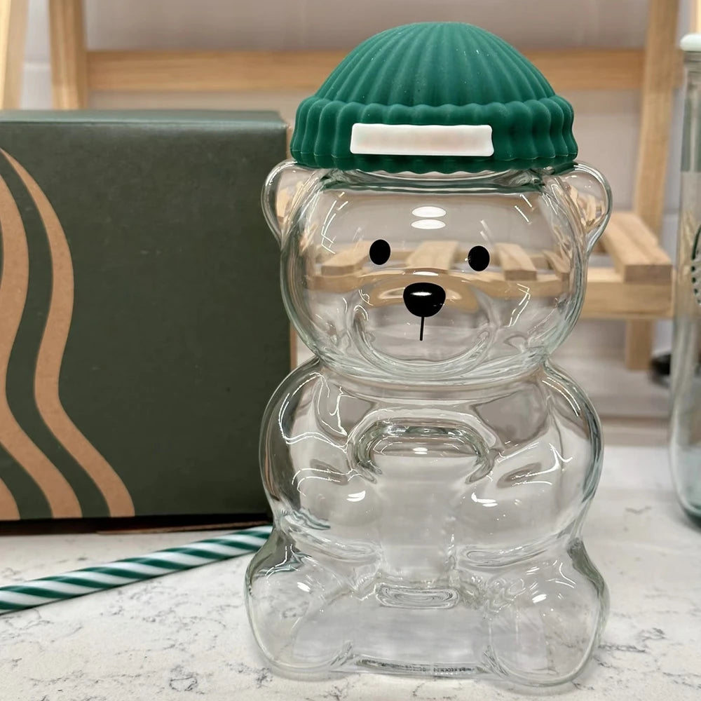 Popular Christmas themed bear cup, green covered straw, transparent juice coffee drinking utensils gift ﻿