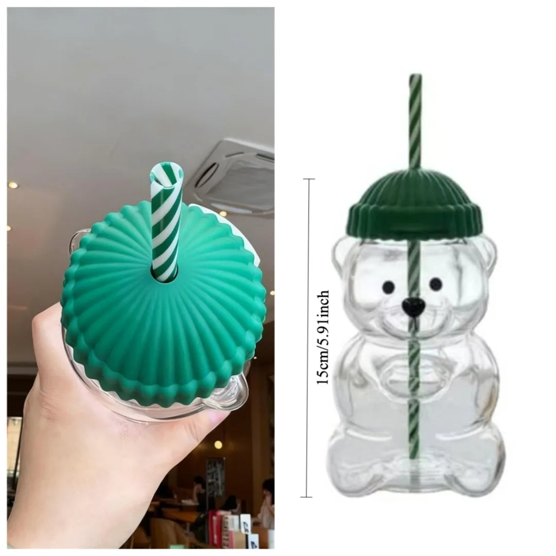 500ml green cap teddy bear straw cup heat-resistant glass coffee smoothie juice cup office and home birthday Christmas gift