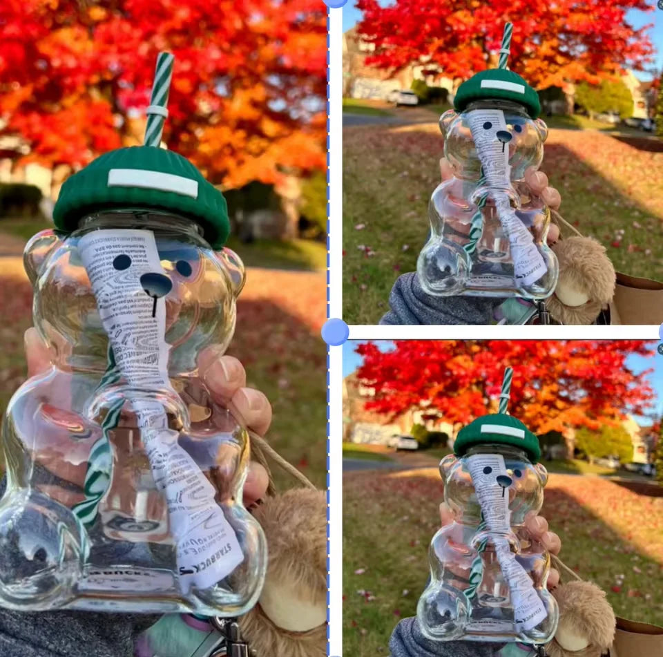 Popular Christmas themed bear cup, green covered straw, transparent juice coffee drinking utensils gift ﻿