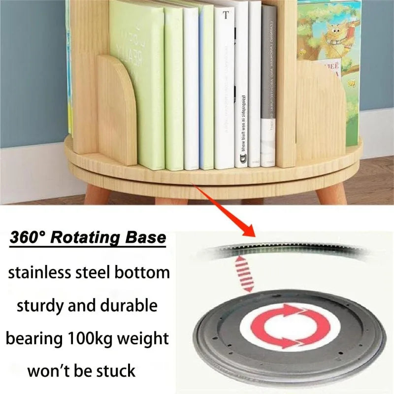 Rotating Bookshelf with Legs, Tall Tower Revolving Standing Book Shelf Wood Bookcase Round Bookshelf for Bedroom Living Room