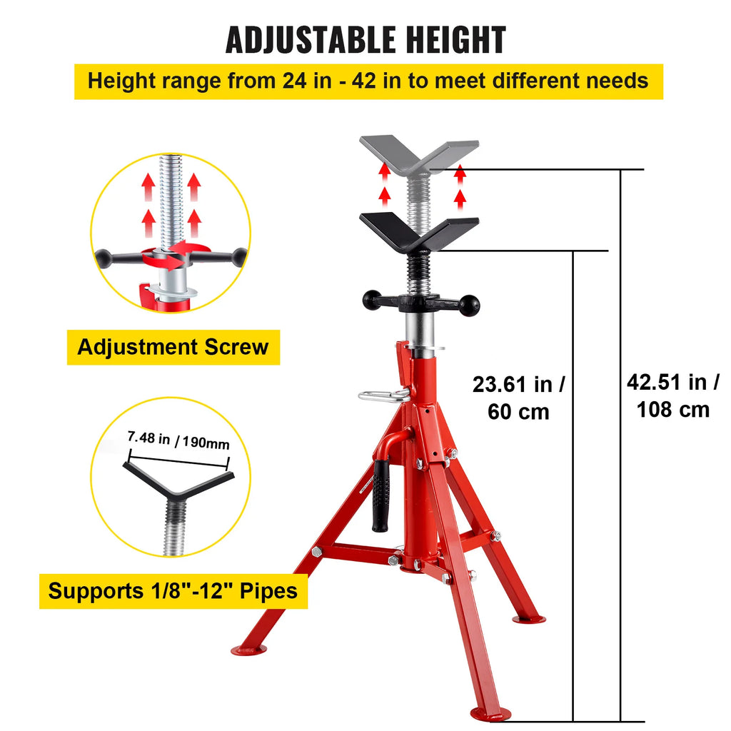 SucceBuy Pipe Holding Stand with Roller Head V-Head Folding Tripod Jack 12 inch Capacity Pipe working Supporting Clamped Tool