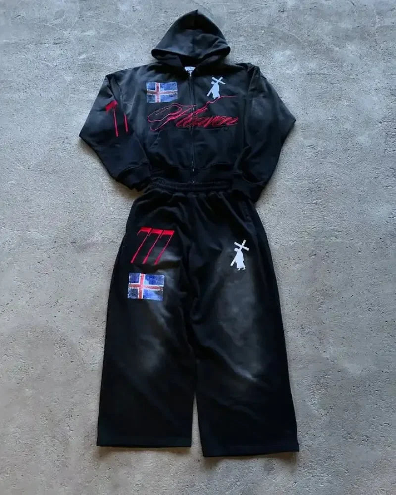 High Street American Retro Streetwear Men's Suit Two-piece Set Goth Harajuku Zipper Hoodie Trendy Casual Sports Suit Sweatshirt