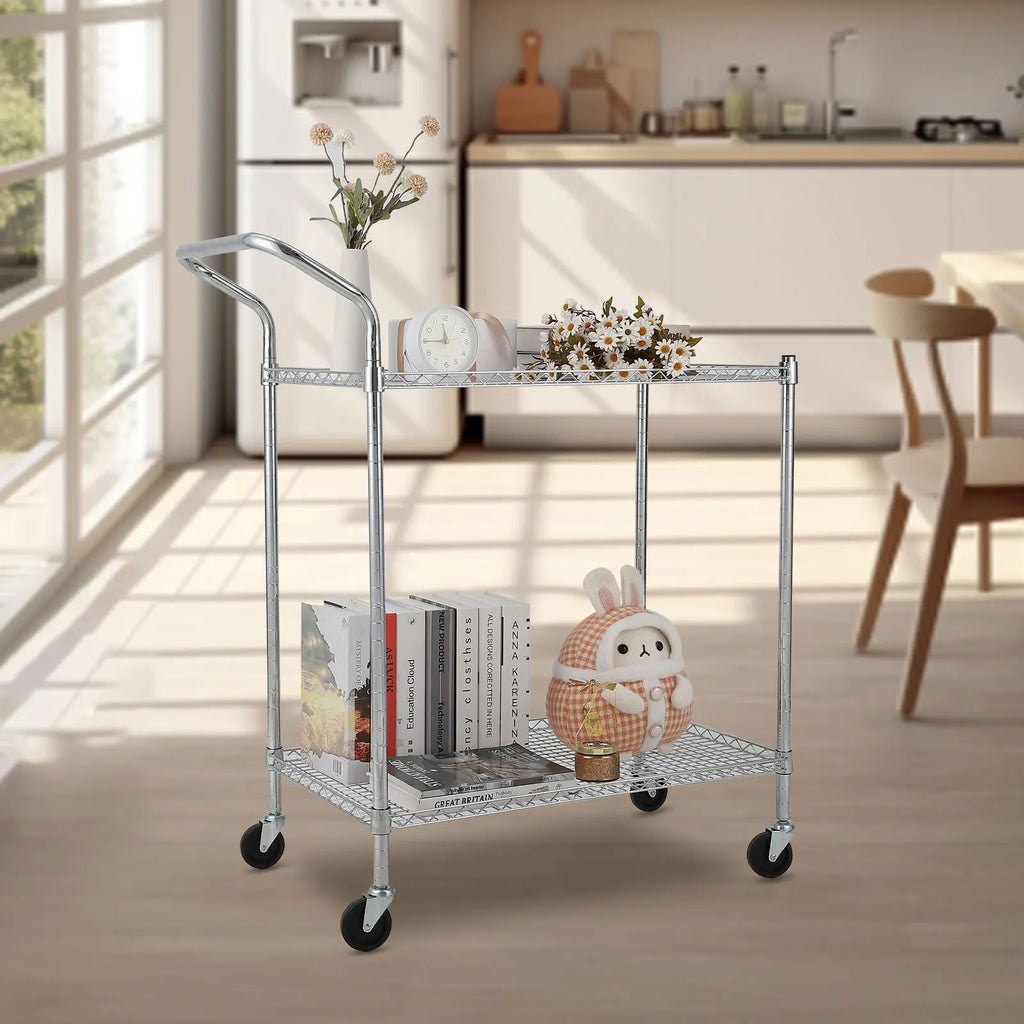 2 Tires Commercial Grade Utility Cart Wire Rolling Cart with Handle Bar, Alloy Steel Food Storage Trolley, High Handle