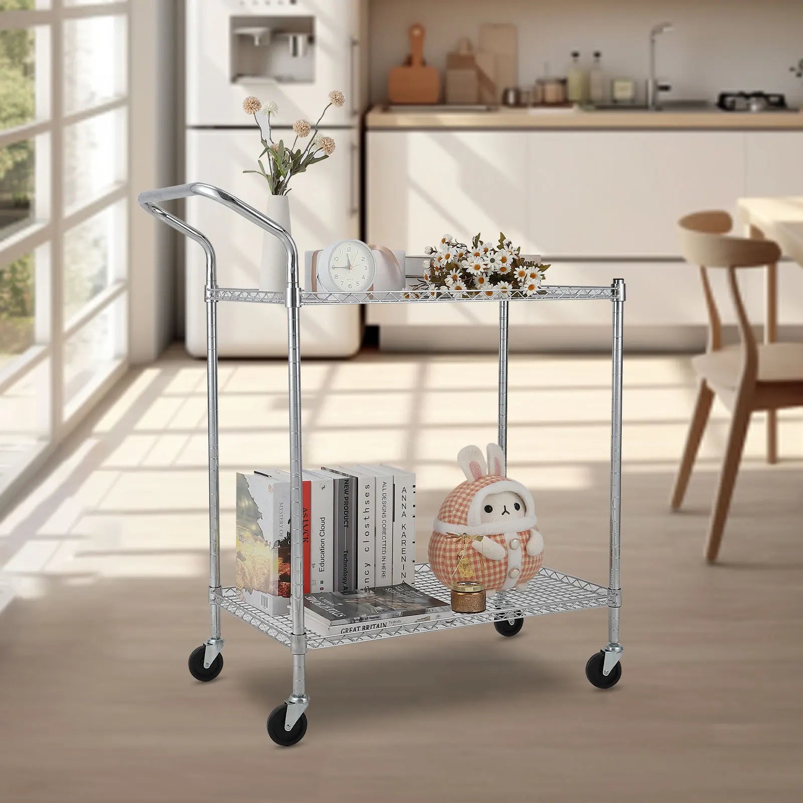 2 Tires Commercial Grade Utility Cart Wire Rolling Cart with Handle Bar, Alloy Steel Food Storage Trolley, High Handle