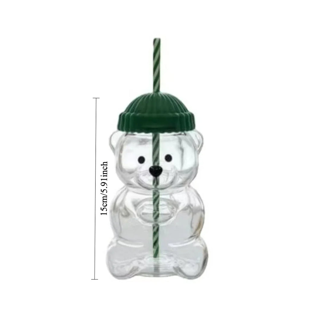 Cute Bear Shaped Glass Cup with Green Lid & Striped Straw, Transparent Animal Design BeverageContainer forCoffeeTea, Ideal Gift