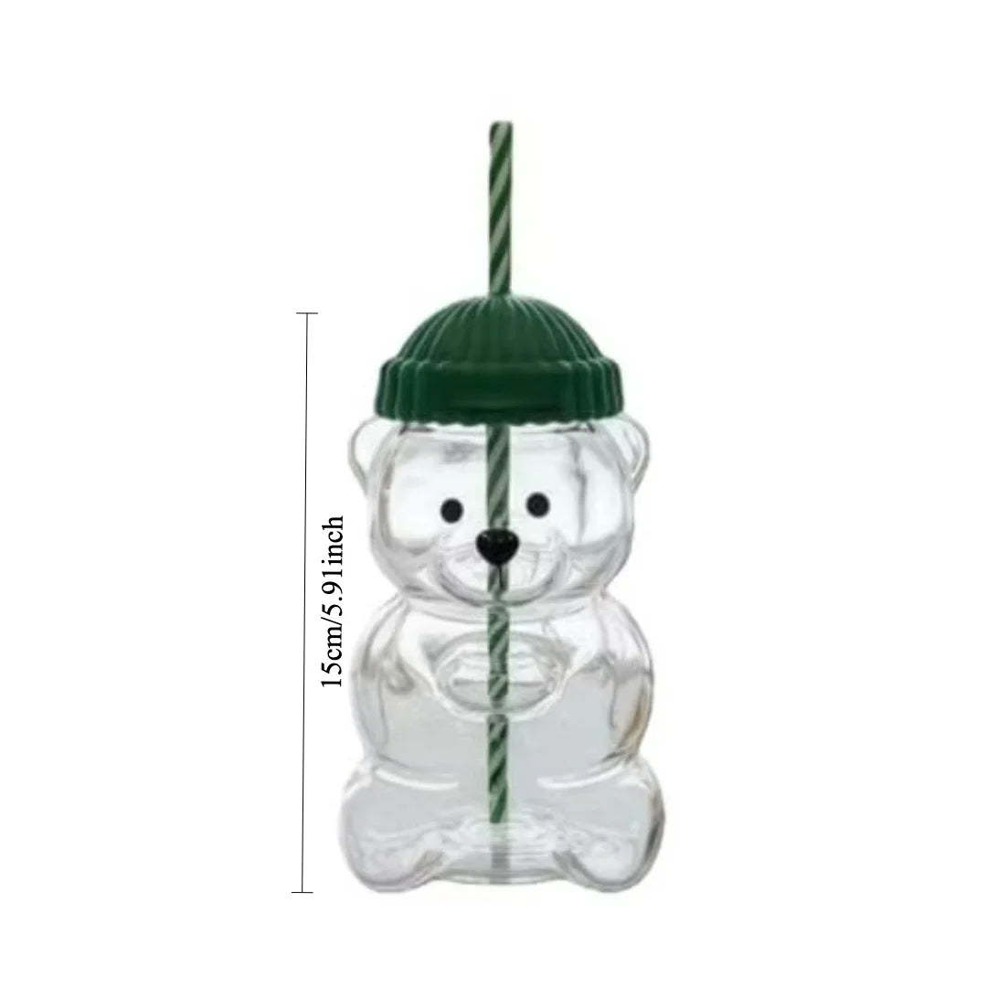 Cute Bear Shaped Glass Cup with Green Lid & Striped Straw, Transparent Animal Design BeverageContainer forCoffeeTea, Ideal Gift