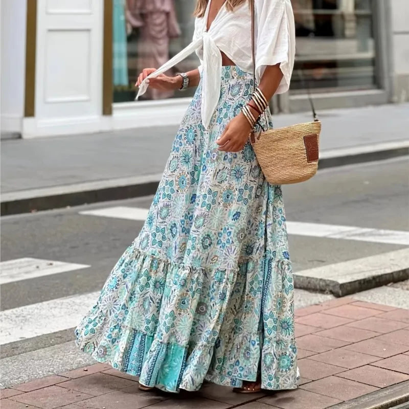 Elegant Women Green Print Elastic Waist Skirt Spring Summer Femme Patchwork Slim SkirtStreetwear Casual Ankle-Length Long Skirt