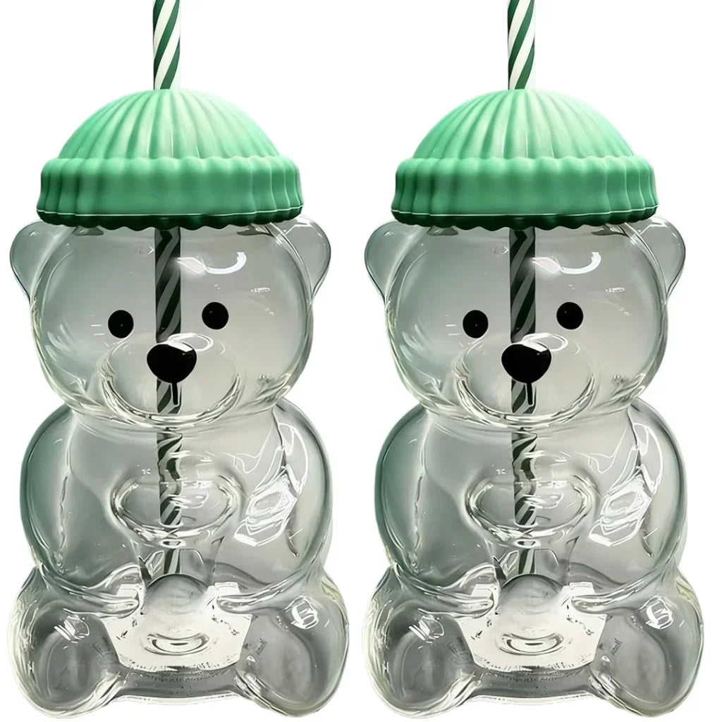 Cute Bear Glass 500ML Green Hat Striped Straw Heat resistant and Durable Suitable for Daily Juice, Milk, Hot Chocolate Beverages