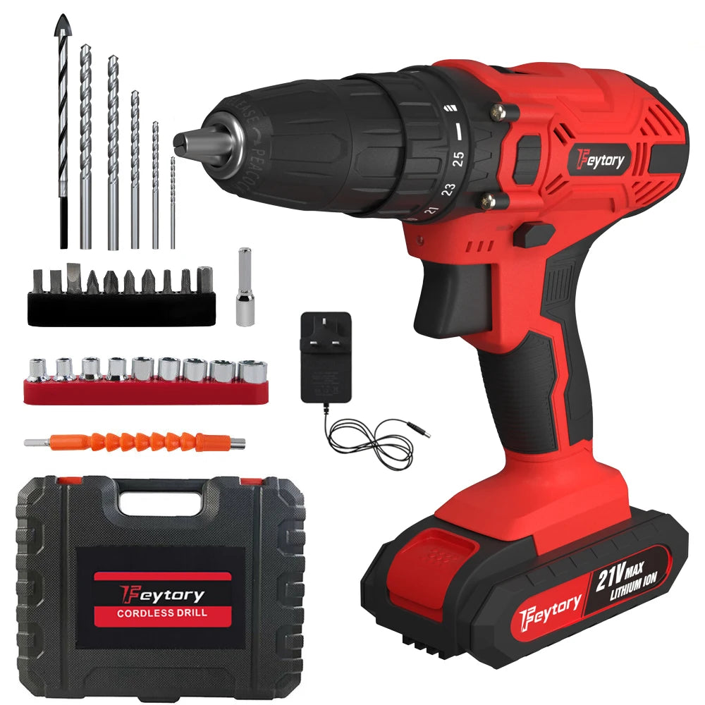 45Nm Cordless Drill Screwdriver with 21V 1.5Ah Battery and Charger, 25+1 Torque, 2700RPM 2 Speed, 29 PCS Accessories, Carry Case