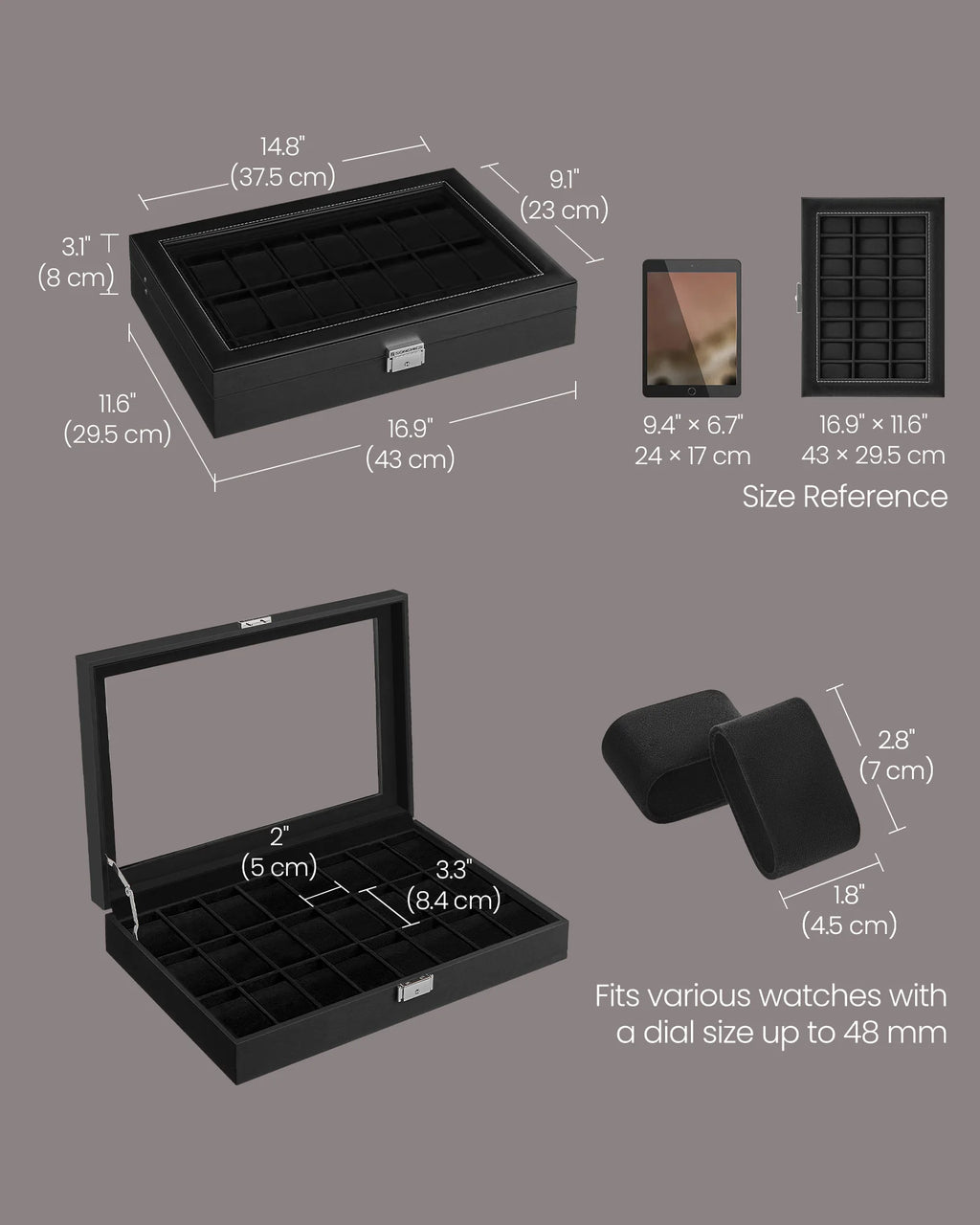 SONGMICS Watch Box, Lockable Watch Case, Watch Storage Box with 24 Slots, Glass Lid, Gift for Loved Ones
