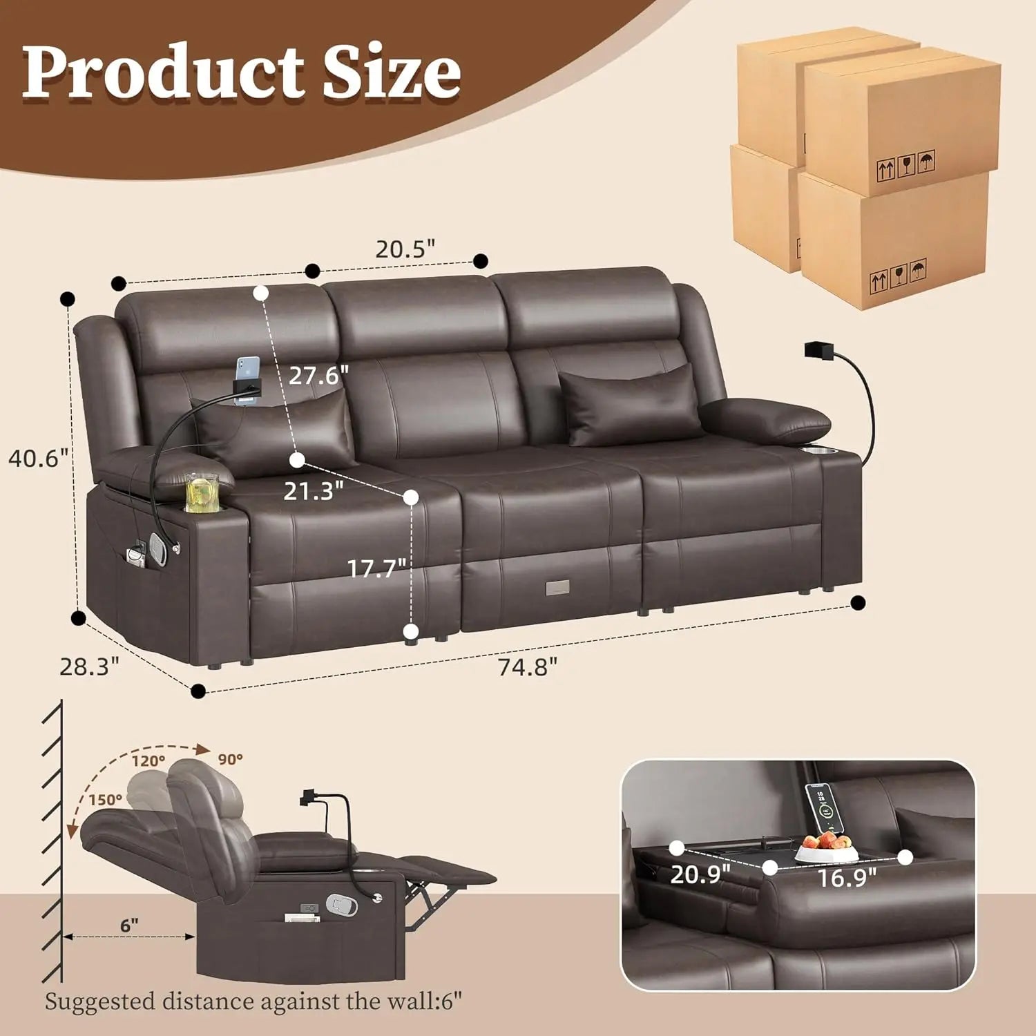 LEVELEVE Home Theater Seating，RV Reclining Sofa Set with Adjustable Headrest， Recliner Sofa with Heat and USB&Type-C, Dawer