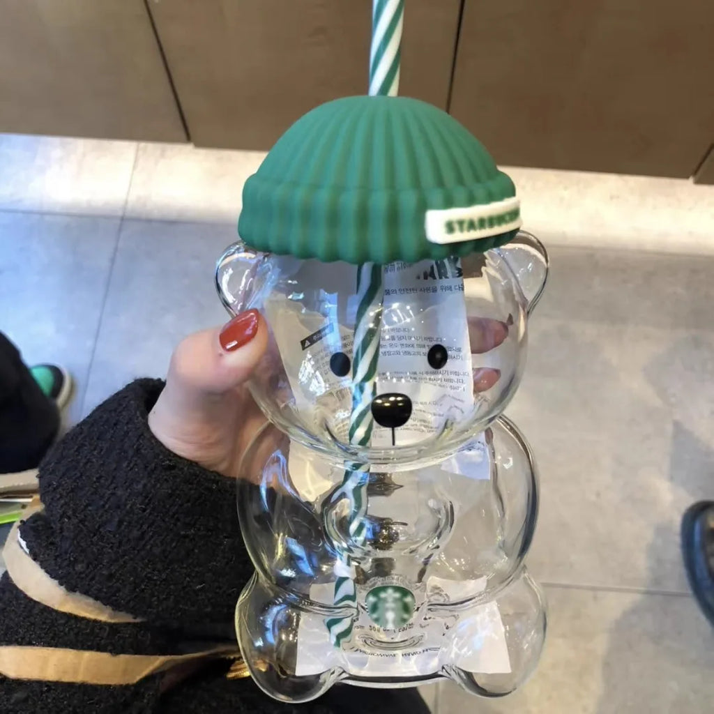 500ml green cap teddy bear straw cup heat-resistant glass coffee smoothie juice cup office and home birthday Christmas gift