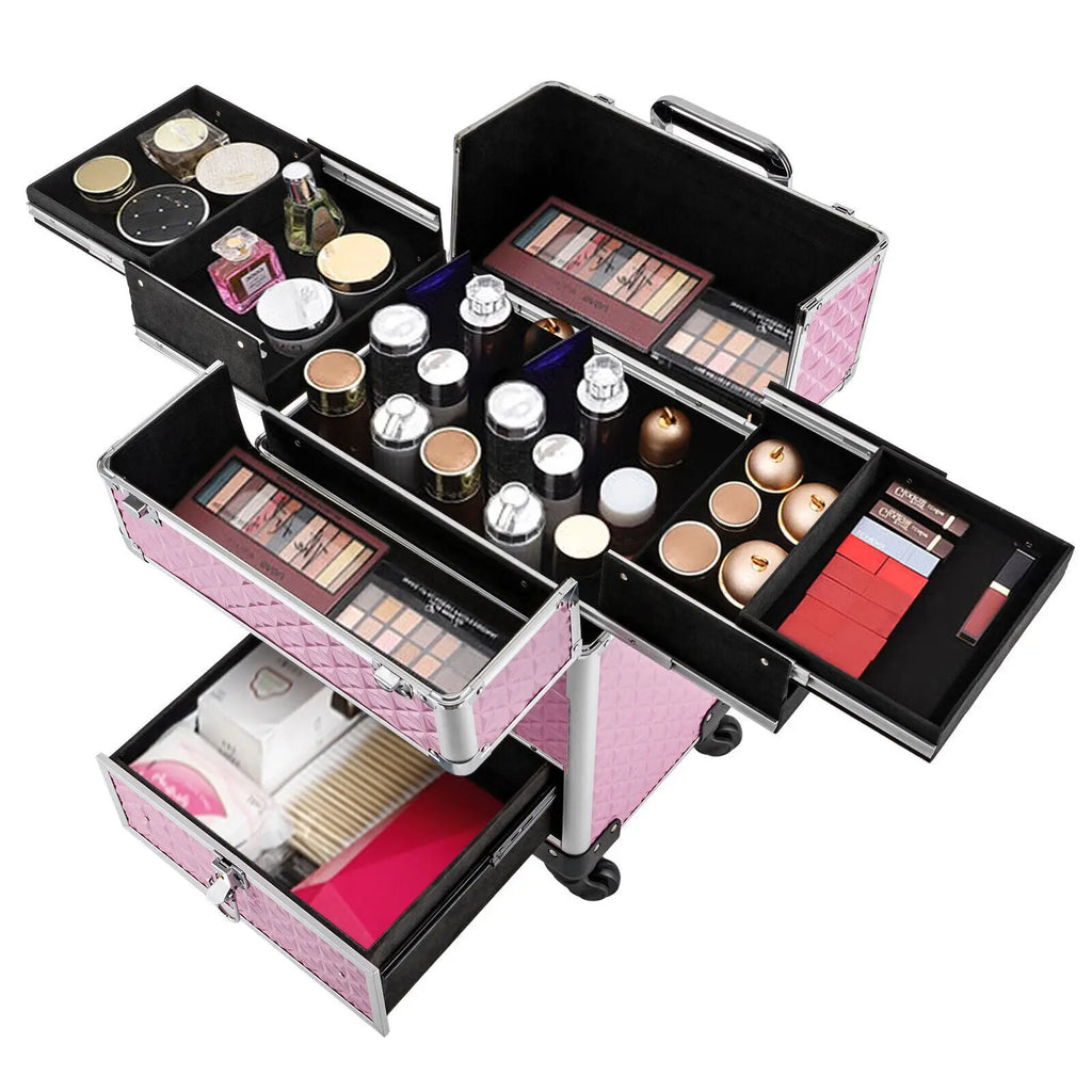Professional Rolling Makeup Train Case Cosmetic Trolley Makeup Storage Organizer Pink with Keys