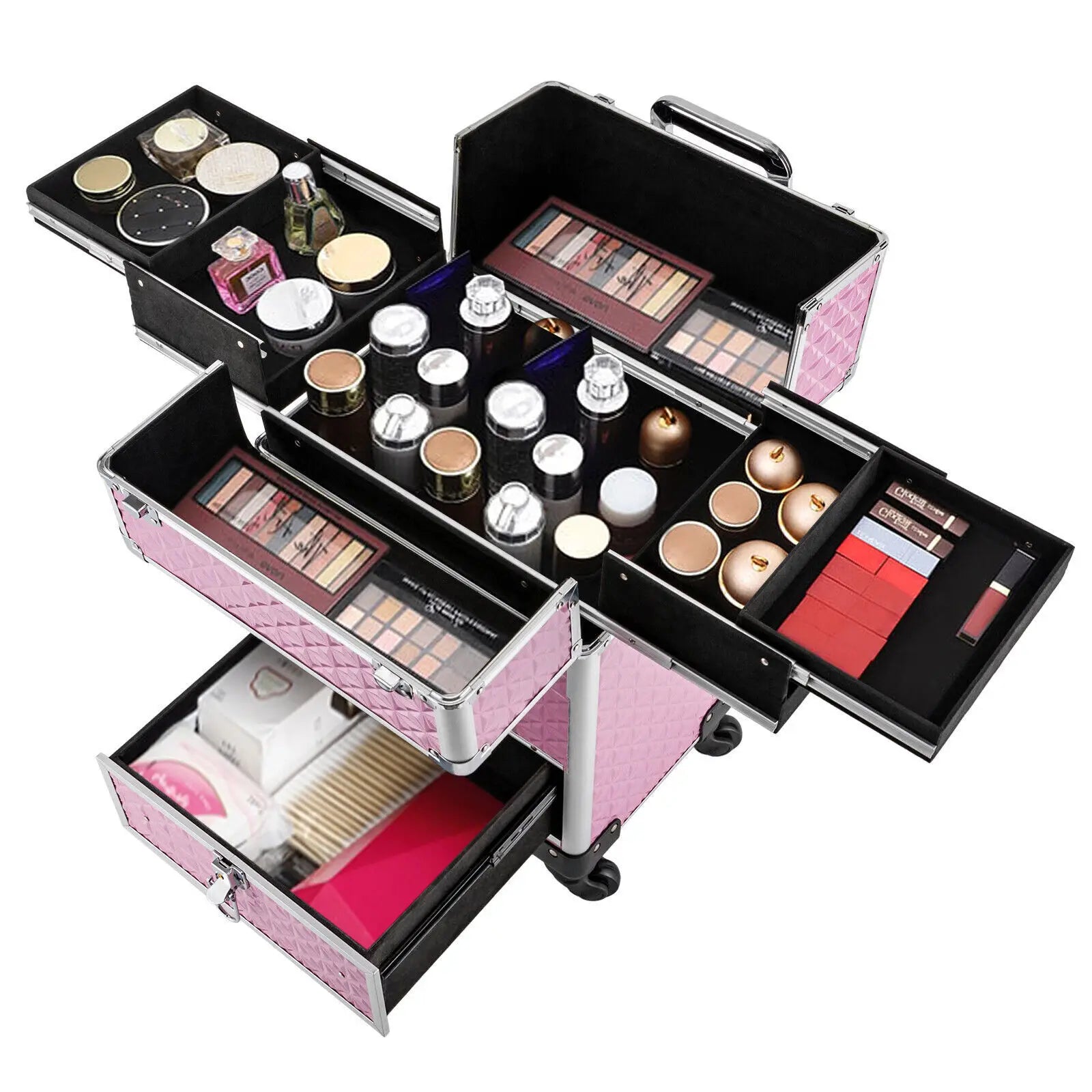 Professional Rolling Makeup Train Case Cosmetic Trolley Makeup Storage Organizer Pink with Keys
