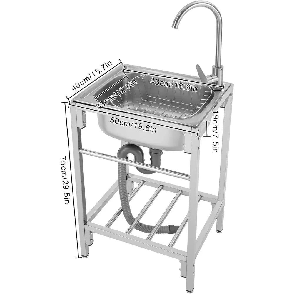 Stainless Steel Single Basin Kitchen Sink Freestanding Home Laundry Sink Multipurpose Commercial Sink Single Bowl Basin Sink