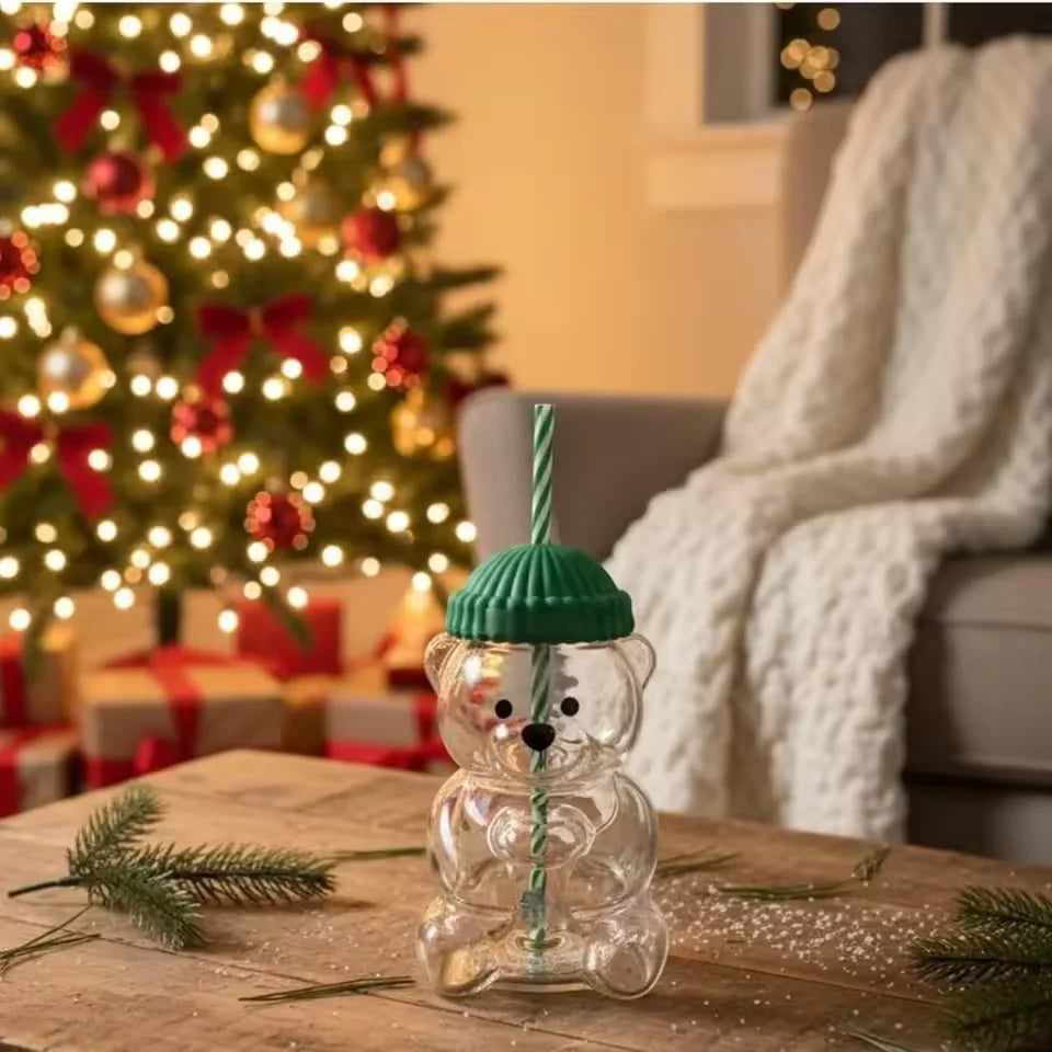 Cute Bear Shaped Glass Cup with Green Lid & Striped Straw, Transparent Animal Design BeverageContainer forCoffeeTea, Ideal Gift