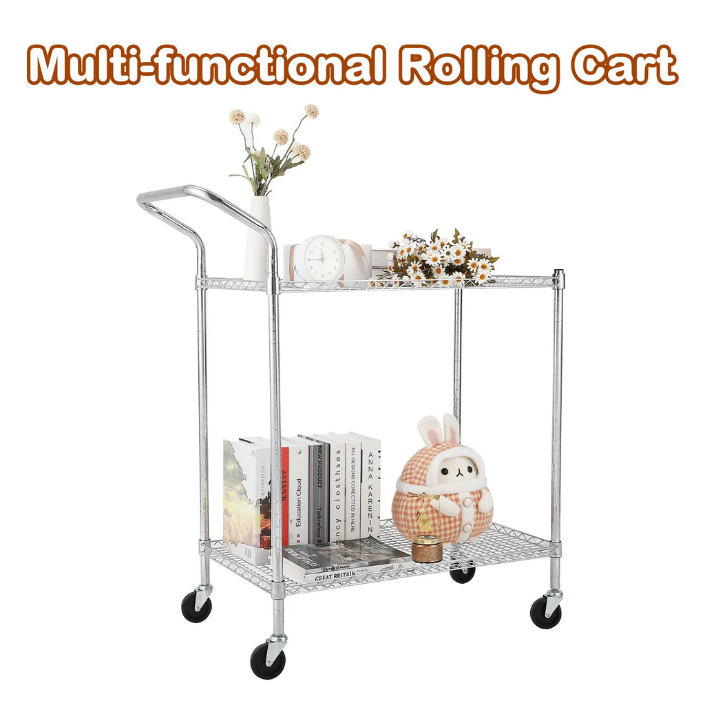 2 Tires Commercial Grade Utility Cart Wire Rolling Cart with Handle Bar, Alloy Steel Food Storage Trolley, High Handle