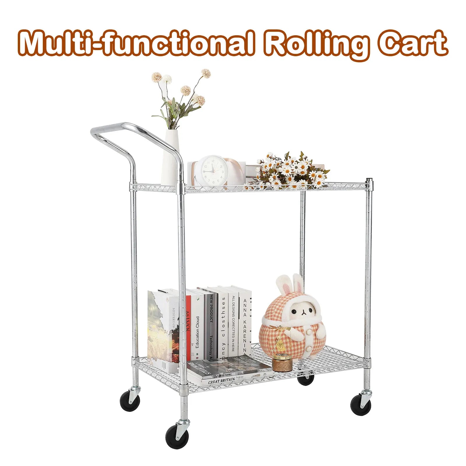 2 Tires Commercial Grade Utility Cart Wire Rolling Cart with Handle Bar, Alloy Steel Food Storage Trolley, High Handle