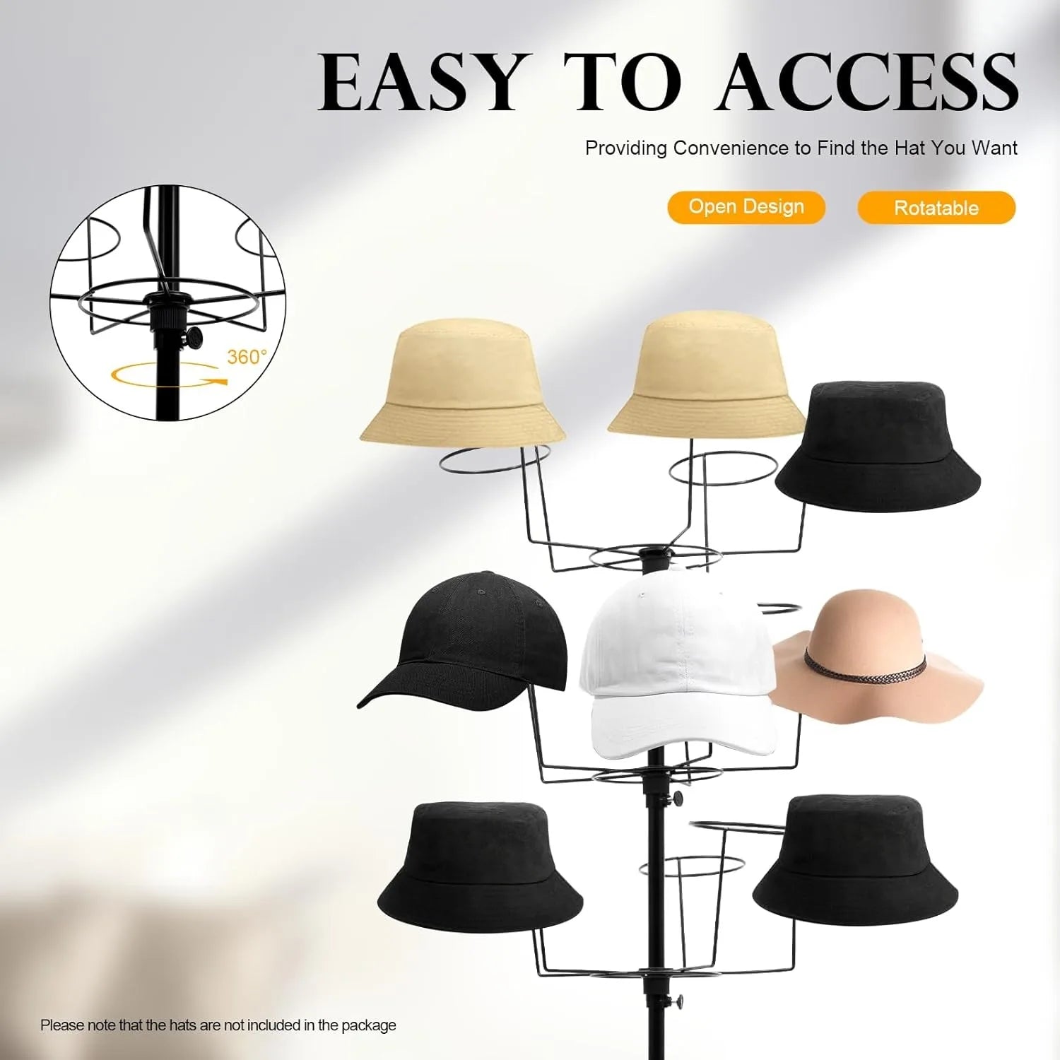 Freestanding Rotating Hat Display Rack Stand with 35 Hooks Hat for Headwear Retail Store Black Hat Wig Cap Hanger Rack