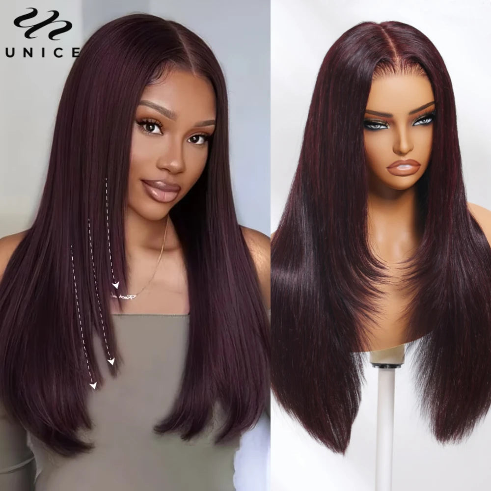 UNice Black Cherry Layered Cut Straight Wig 7x5 Lace Pre Cut Pre Bleached Glueless Wig Human Hair 180% Density