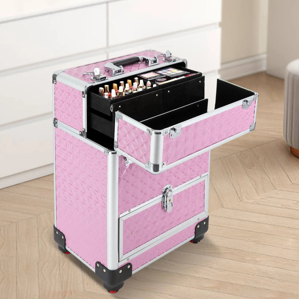 Professional Rolling Makeup Train Case Cosmetic Trolley Makeup Storage Organizer Pink with Keys