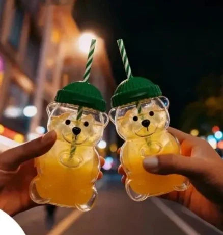 500Ml green bear cup glass straw cup, Starck style leak proof lid, suitable for daily consumption, creative Christmas gift