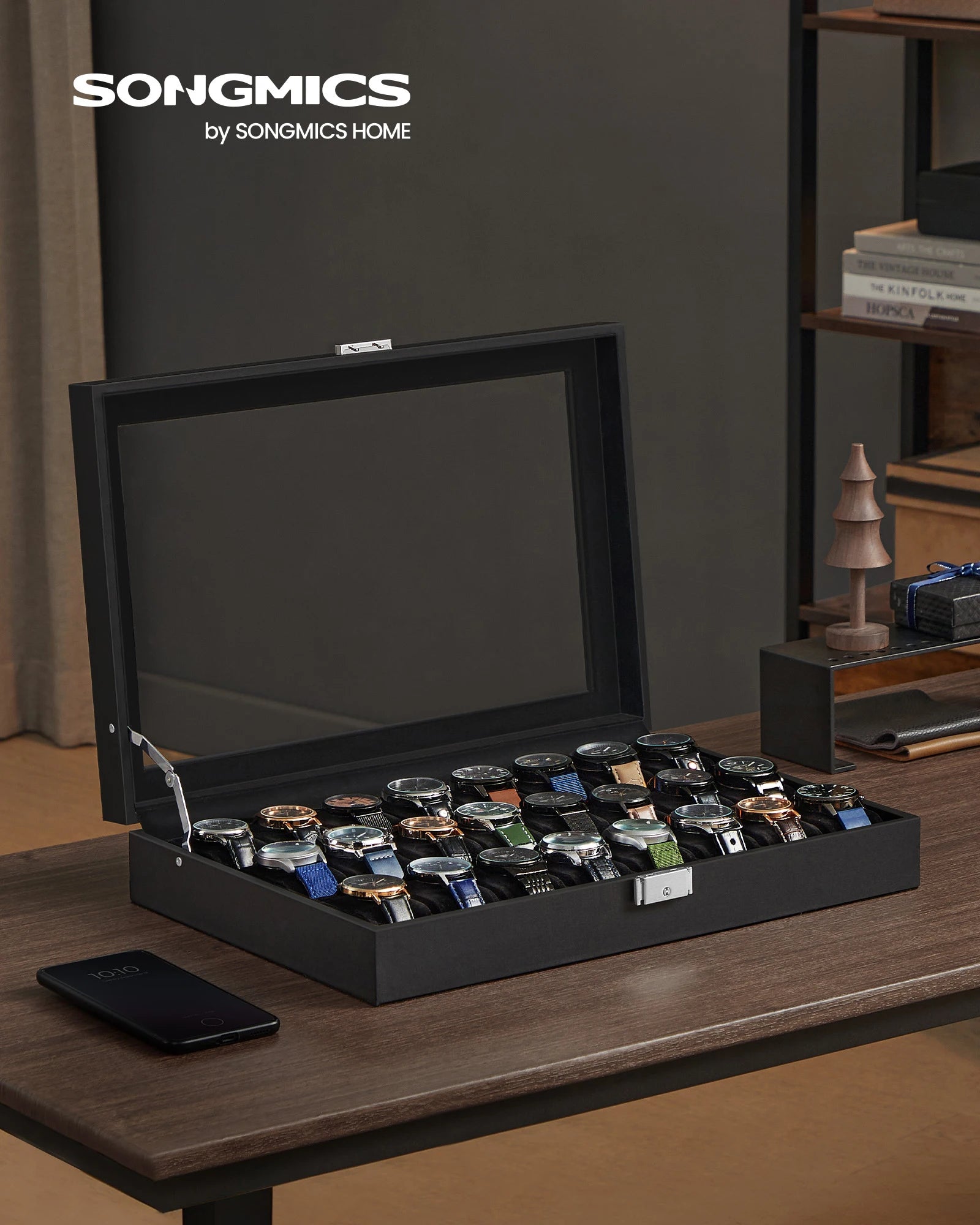 SONGMICS Watch Box, Lockable Watch Case, Watch Storage Box with 24 Slots, Glass Lid, Gift for Loved Ones