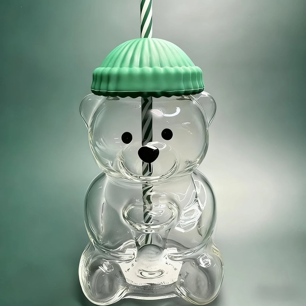 Cute Bear Shaped Glass Cup with Green Lid & Striped Straw, Transparent Animal Design BeverageContainer forCoffeeTea, Ideal Gift