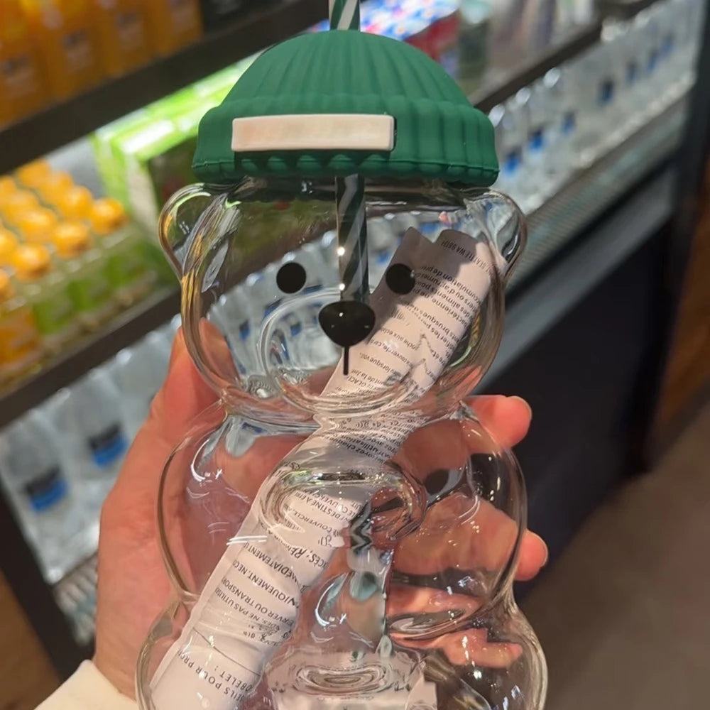 Popular Christmas themed bear cup, green covered straw, transparent juice coffee drinking utensils gift ﻿