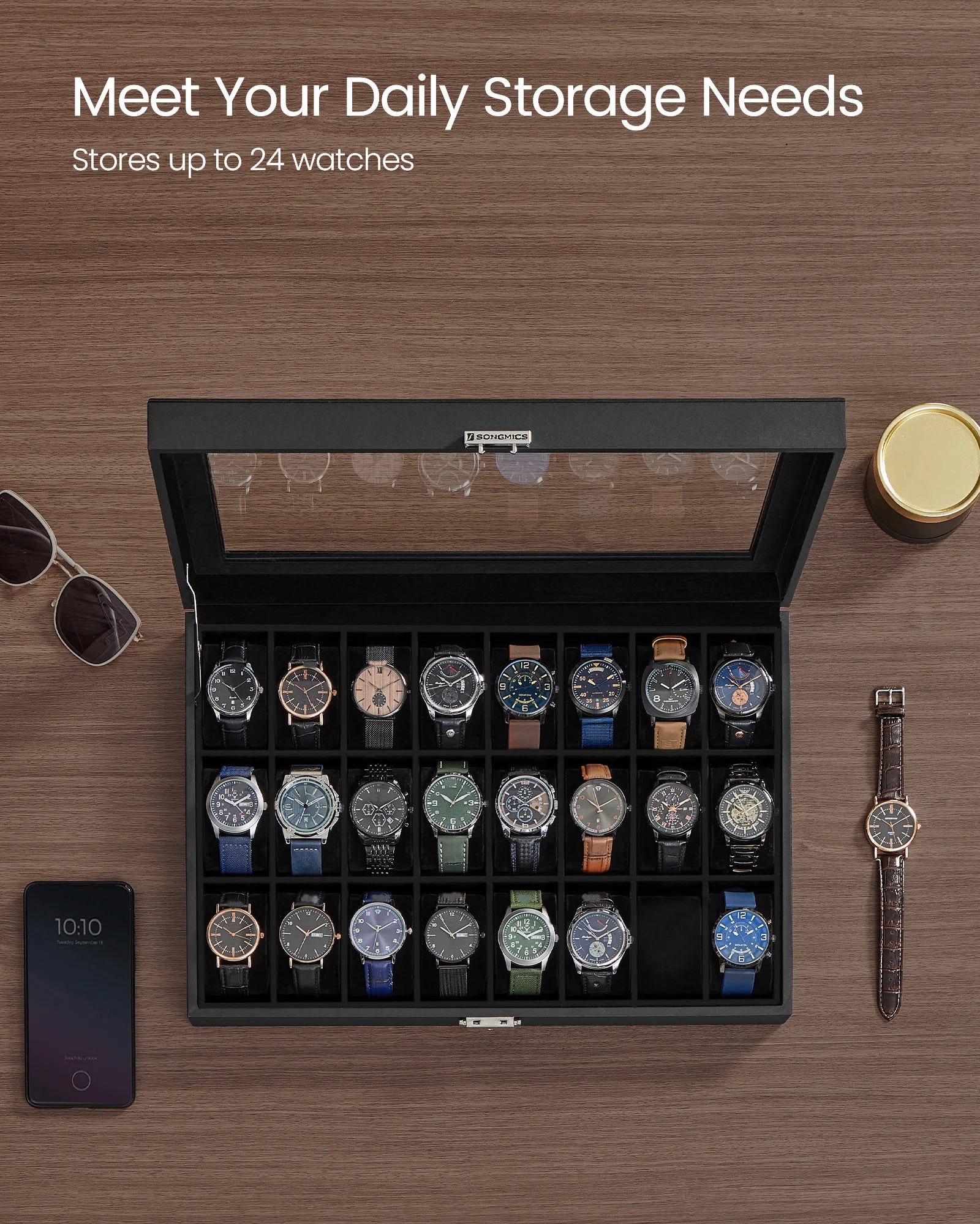 SONGMICS Watch Box, Lockable Watch Case, Watch Storage Box with 24 Slots, Glass Lid, Gift for Loved Ones