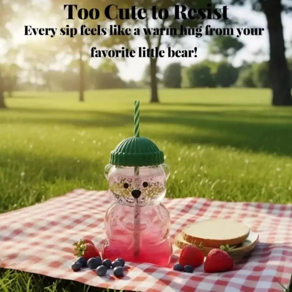 500Ml green bear cup glass straw cup, Starck style leak proof lid, suitable for daily consumption, creative Christmas gift