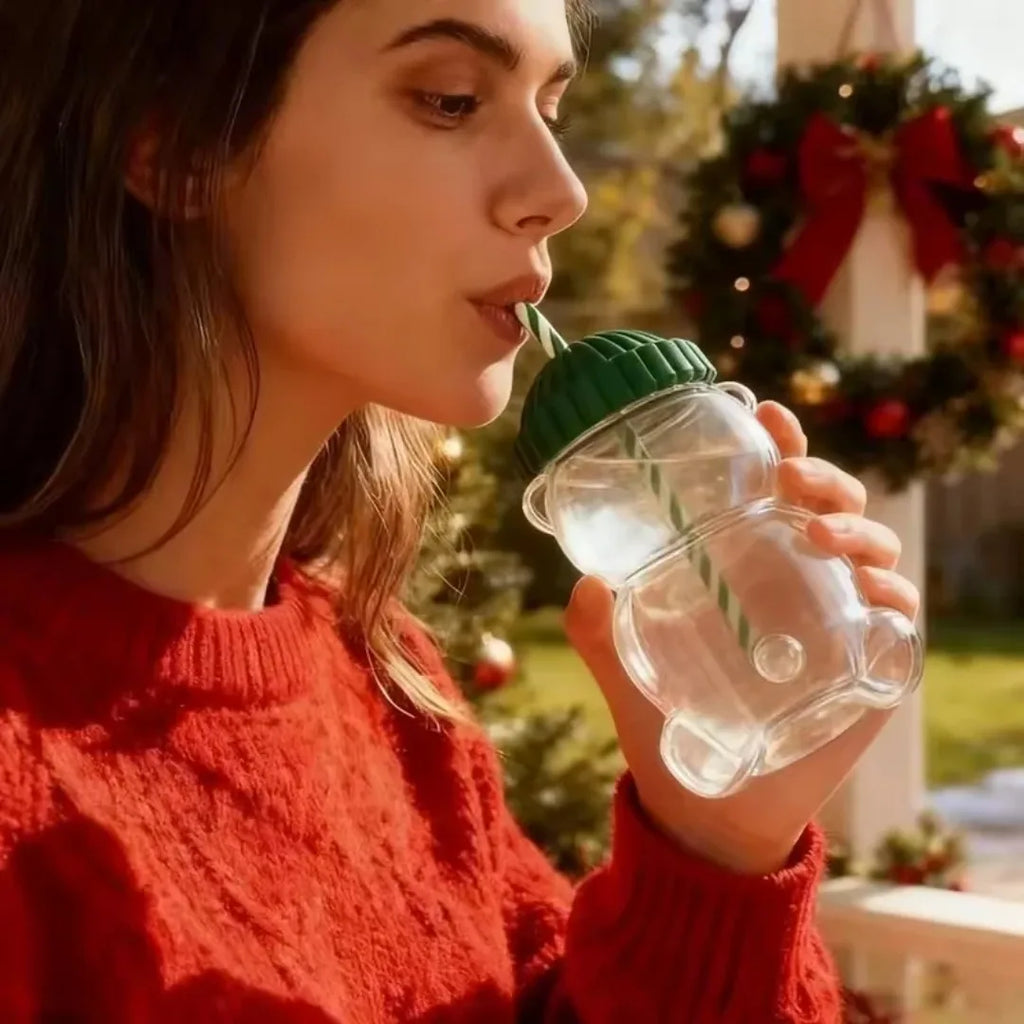 Cute Bear Glass 500ML Green Hat Striped Straw Heat resistant and Durable Suitable for Daily Juice, Milk, Hot Chocolate Beverages