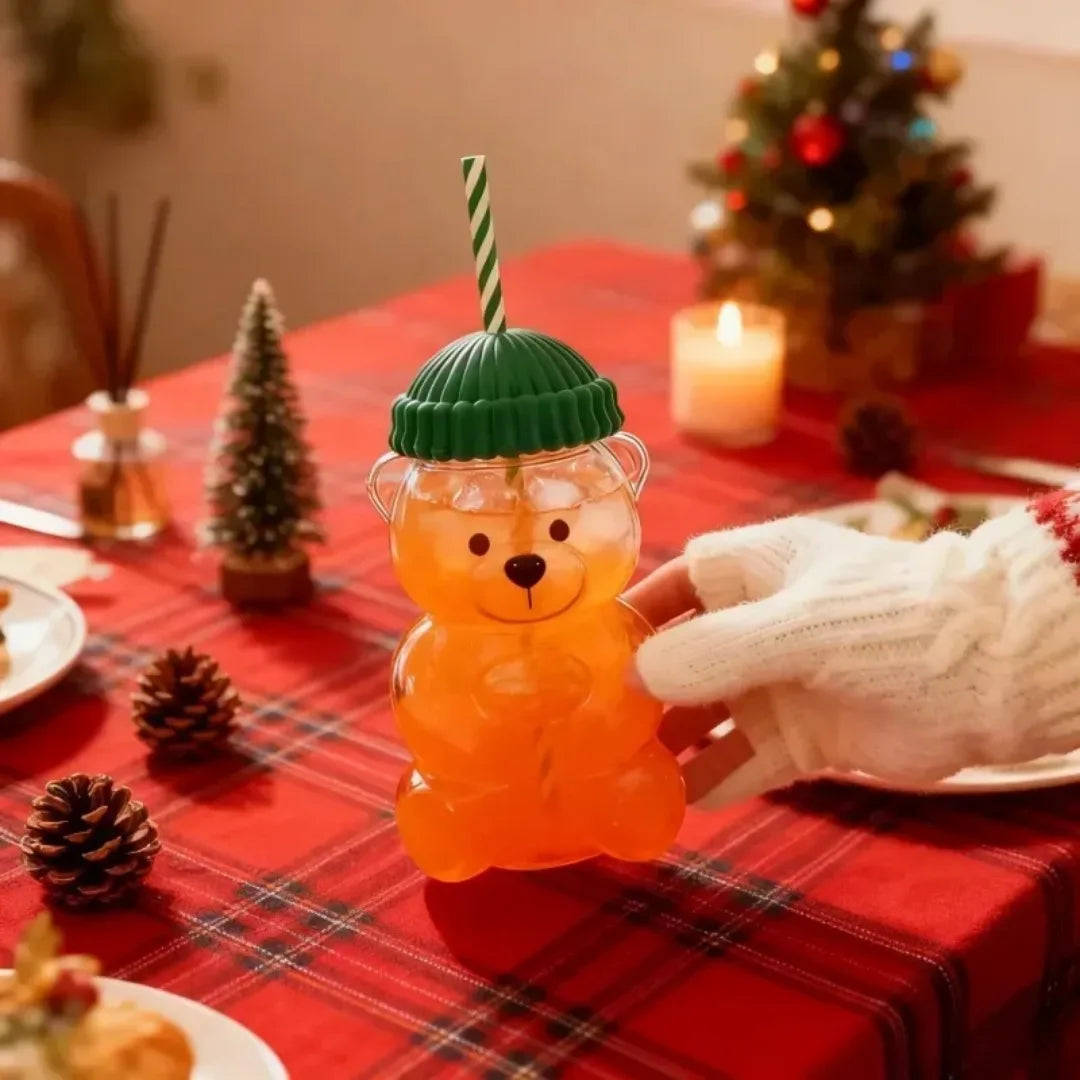 Cute Bear Glass 500ML Green Hat Striped Straw Heat resistant and Durable Suitable for Daily Juice, Milk, Hot Chocolate Beverages