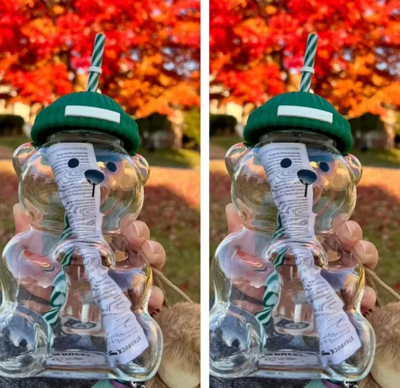 Popular Christmas themed bear cup, green covered straw, transparent juice coffee drinking utensils gift ﻿