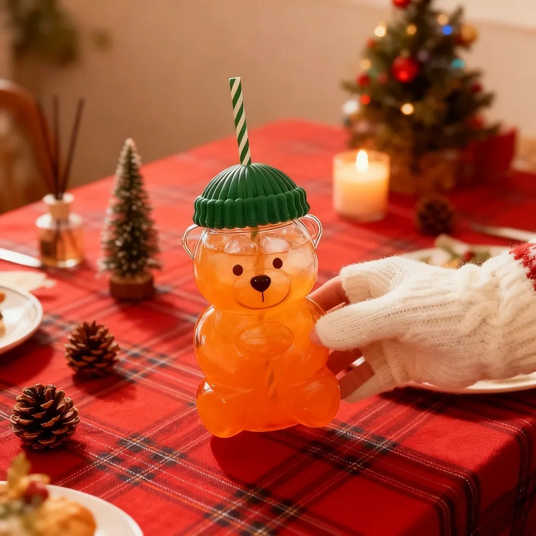Cute Bear Shaped Glass Cup with Green Lid & Striped Straw, Transparent Animal Design BeverageContainer forCoffeeTea, Ideal Gift