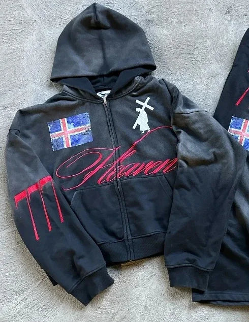 High Street American Retro Streetwear Men's Suit Two-piece Set Goth Harajuku Zipper Hoodie Trendy Casual Sports Suit Sweatshirt