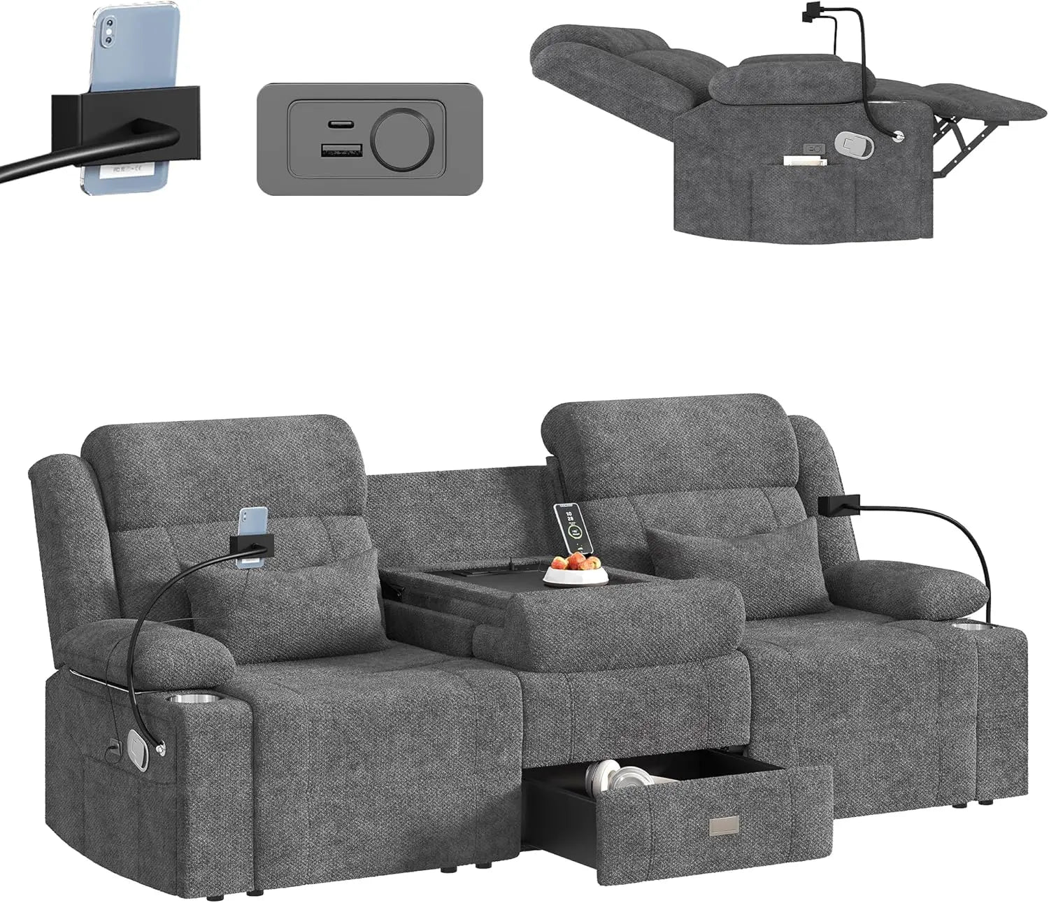 Home Theater Seating，RV Reclining Sofa Set with Adjustable Headrest， Recliner Sofa with Heat and USB&Type-C, Dawer