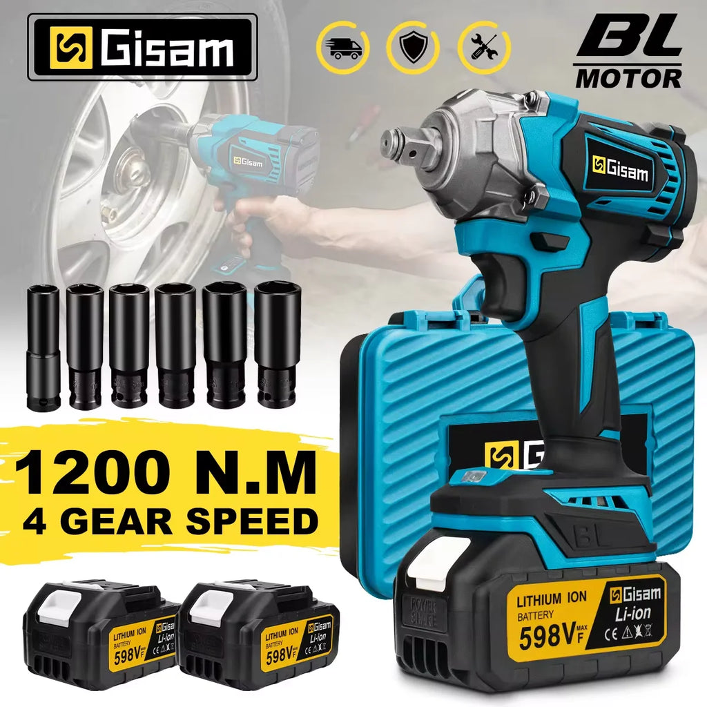 Gisam 1200N.M Brushless Electric Impact Wrench 1/2 inch Screwdriver Cordless Electric Wrench Tools for Makita 18V Battery Pins