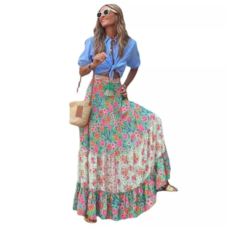 Elegant Women Green Print Elastic Waist Skirt Spring Summer Femme Patchwork Slim SkirtStreetwear Casual Ankle-Length Long Skirt