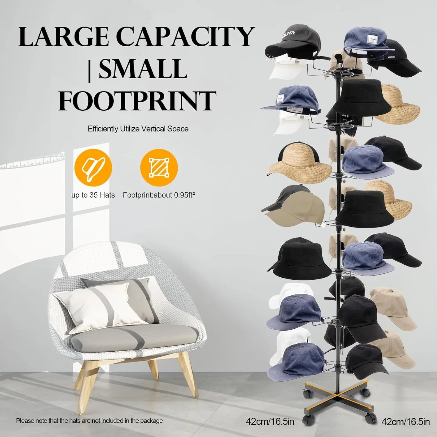 Freestanding Rotating Hat Display Rack Stand with 35 Hooks Hat for Headwear Retail Store Black Hat Wig Cap Hanger Rack
