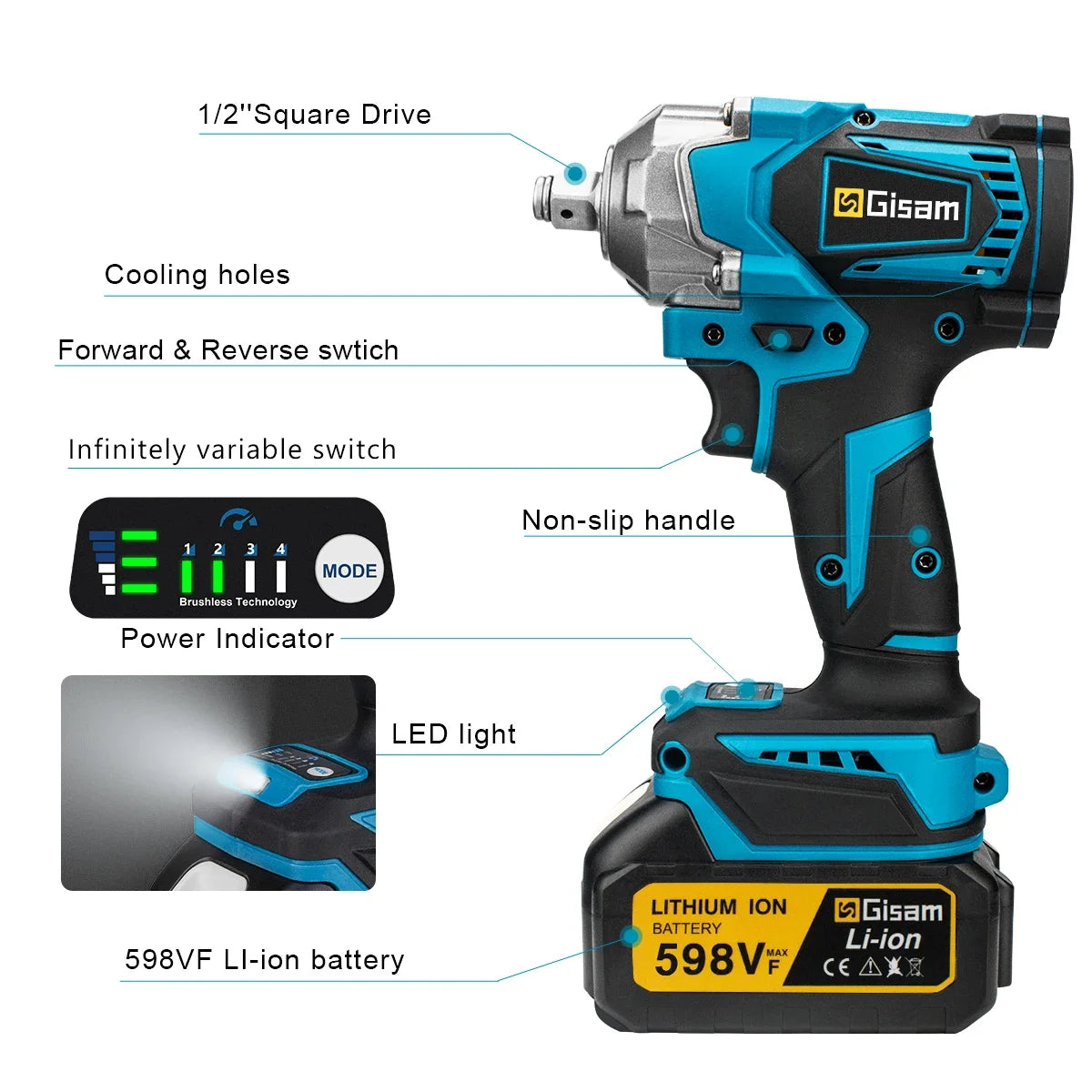 Gisam 1200N.M Brushless Electric Impact Wrench 1/2 inch Screwdriver Cordless Electric Wrench Tools for Makita 18V Battery Pins