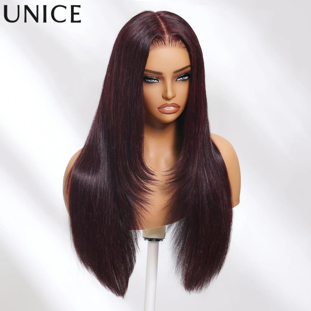 UNice Black Cherry Layered Cut Straight Wig 7x5 Lace Pre Cut Pre Bleached Glueless Wig Human Hair 180% Density