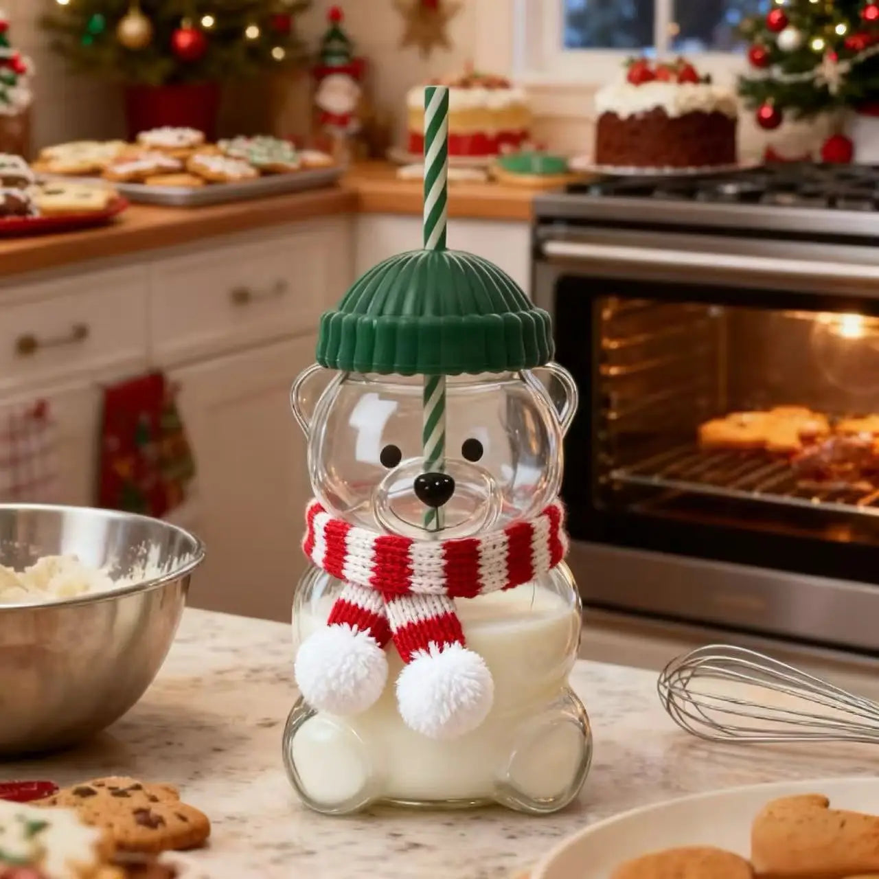 500ml green cap teddy bear straw cup heat-resistant glass coffee smoothie juice cup office and home birthday Christmas gift