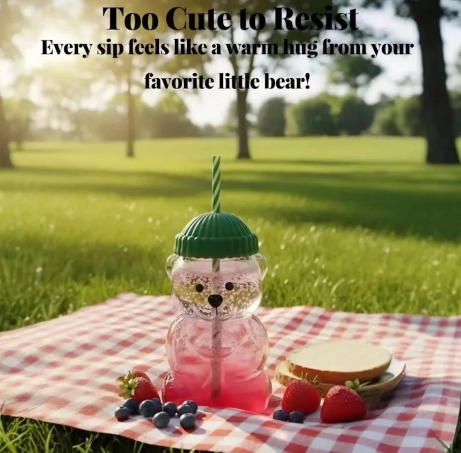 500Ml green bear cup glass straw cup, Starck style leak proof lid, suitable for daily consumption, creative Christmas gift