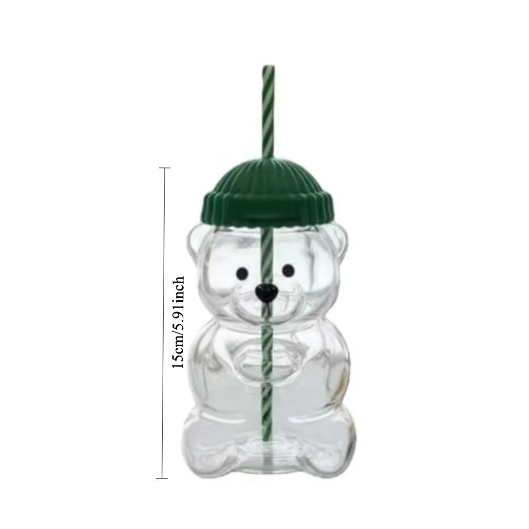 500ml green cap teddy bear straw cup heat-resistant glass coffee smoothie juice cup office and home birthday Christmas gift